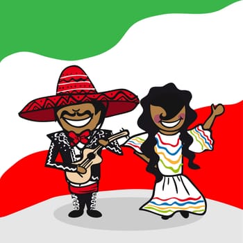 Mexican man and woman cartoon couple with national flag background. Vector illustration layered for easy editing.