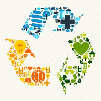 Green recycle plus love eco friendly set. Vector file layered for easy manipulation and custom coloring.