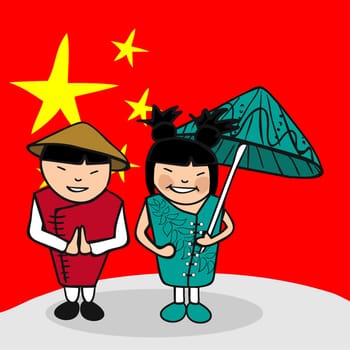 Chinese man and woman cartoon couple with national flag background. Vector illustration layered for easy editing.