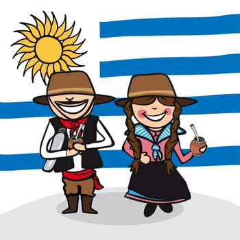 Uruguayan man and woman cartoon couple with national flag background. Vector illustration layered for easy editing.