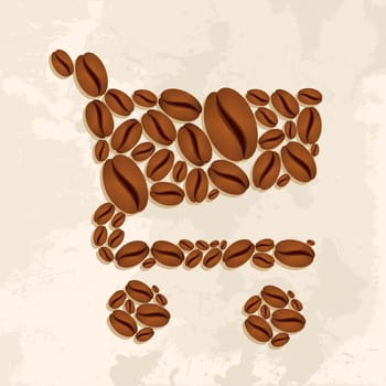 Shopping cart shape made ​​of coffee beans. Vector file layered for easy manipulation and custom coloring.
