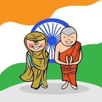 Indian man and woman cartoon couple with national flag background. Vector illustration layered for easy editing.
