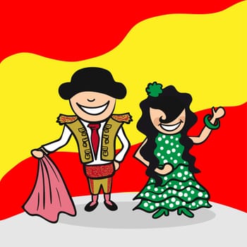 Spanish man and woman cartoon couple with national flag background. Vector illustration layered for easy editing.