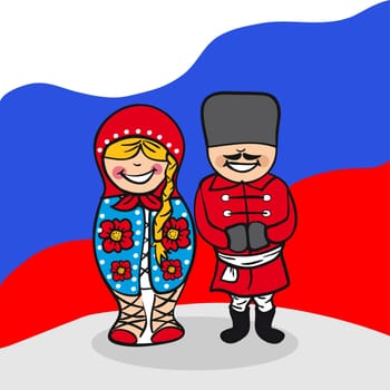 Russian man and woman cartoon couple with national flag background. Vector illustration layered for easy editing.