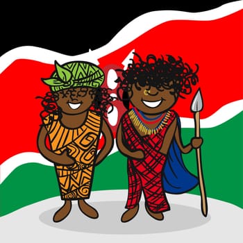 Kenyan man and woman cartoon couple with national flag background. Vector illustration layered for easy editing.