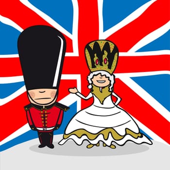 English man and woman cartoon couple with national flag background. Vector illustration layered for easy editing.