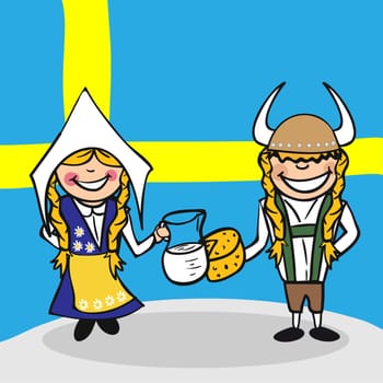 Swedish man and woman cartoon couple with national flag background. Vector illustration layered for easy editing.