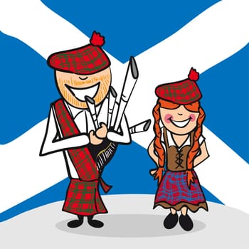 Scottish man and woman cartoon couple with national flag background. Vector illustration layered for easy editing.