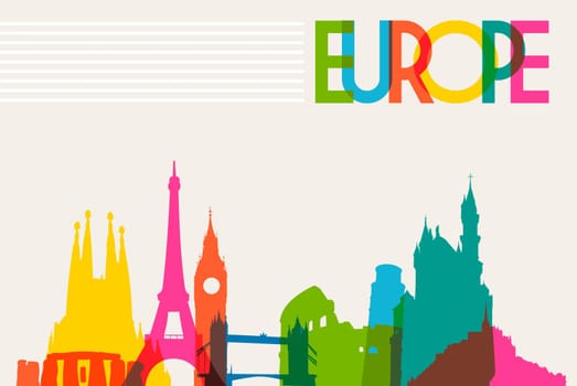 Diversity monuments of Europe, famous landmark colors transparency.  Vector illustration layered for easy manipulation and custom coloring.