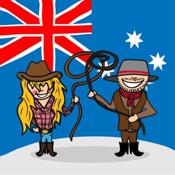 Australian man and woman cartoon couple with national flag background. Vector illustration layered for easy editing.