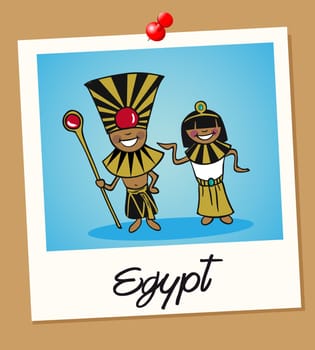 Egyptian man and woman cartoon couple in vintage instant photo frame. Vector illustration layered for easy editing.