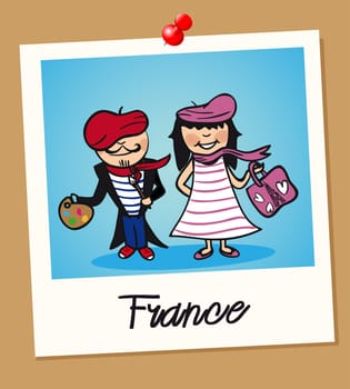 French man and woman cartoon couple in vintage instant photo frame. Vector illustration layered for easy editing.