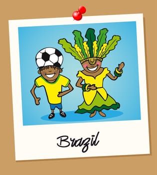 Brazilian man and woman cartoon couple in vintage instant photo frame. Vector illustration layered for easy editing.