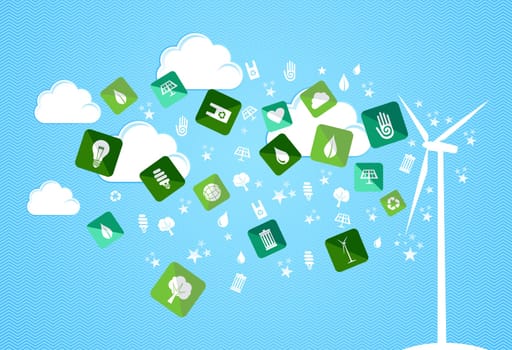 Green enviromental flat icons splash from turbine set. Vector file layered for easy manipulation and custom coloring.