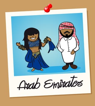Arabic man and woman cartoon couple in vintage instant photo frame. Vector illustration layered for easy editing.
