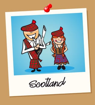 Scottish man and woman cartoon couple in vintage instant photo frame. Vector illustration layered for easy editing.