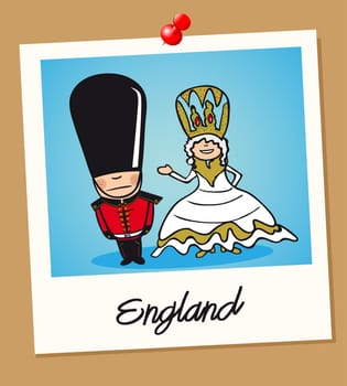 English man and woman cartoon couple in vintage instant photo frame. Vector illustration layered for easy editing.