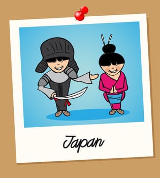 Japanese man and woman cartoon couple in vintage instant photo frame. Vector illustration layered for easy editing.