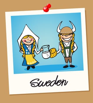 Swedish man and woman cartoon couple in vintage instant photo frame. Vector illustration layered for easy editing.