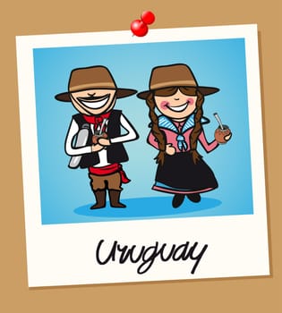 Uruguayan man and woman cartoon couple in vintage instant photo frame. Vector illustration layered for easy editing.