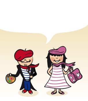 French man and woman cartoon couple with dialogue bubble. Vector illustration layered for easy editing.