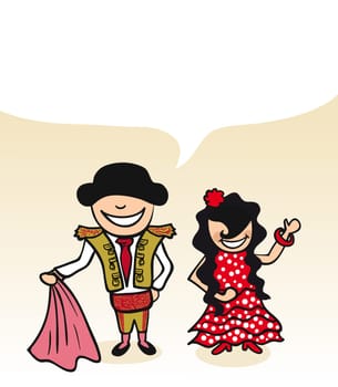 Spanish man and woman cartoon couple with dialogue bubble. Vector illustration layered for easy editing.