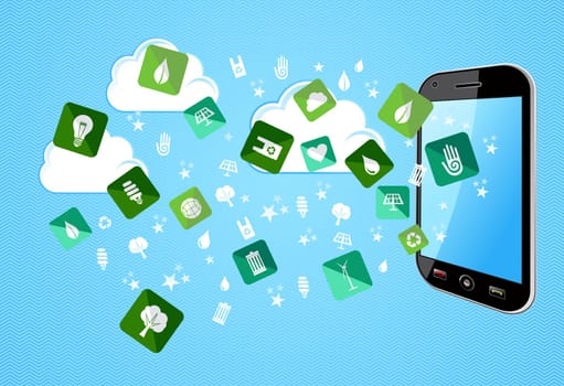 Green enviromental flat icons splash from Mobile phone. Vector file layered for easy manipulation and custom coloring.
