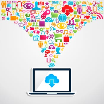Diversity social media network icon splash with cloud computing notebook. Vector illustration layered for easy manipulation and custom coloring.