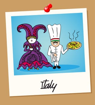 Italian man and woman cartoon couple in vintage instant photo frame. Vector illustration layered for easy editing.