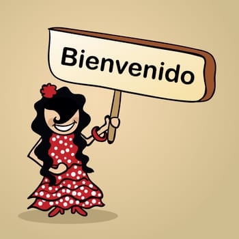 Trendy spanish woman says welcome holding a wooden sign sketch. Vector file illustration layered for easy editing.