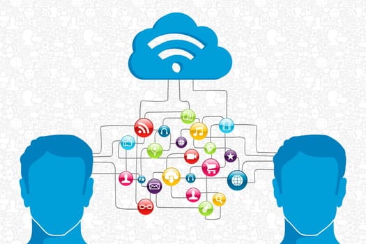 Cloud computing network men interaction diagram. Vector illustration layered for easy manipulation and custom coloring.