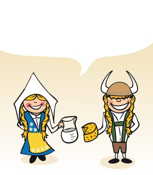 Swedish man and woman cartoon couple with dialogue bubble. Vector illustration layered for easy editing.