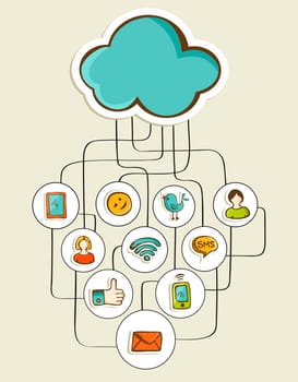 Cloud computing hand drawn social network diagram. Vector illustration layered for easy manipulation and custom coloring.