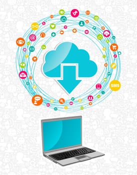 Cloud computing network diagram with notebook. Vector illustration layered for easy manipulation and custom coloring.