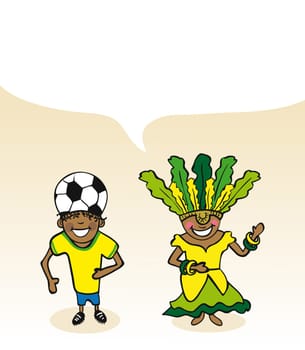 Brazilian man and woman cartoon couple with dialogue bubble. Vector illustration layered for easy editing.