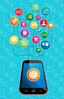 Worlwide social media network icon set diagram with smart phone. Vector illustration layered for easy manipulation and custom coloring.