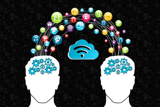 Cloud computing network men head interaction diagram. Vector illustration layered for easy manipulation and custom coloring.