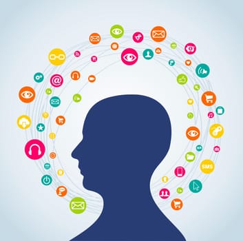 Social media networks profile man with interactive icon set circle. Vector illustration layered for easy manipulation and custom coloring.