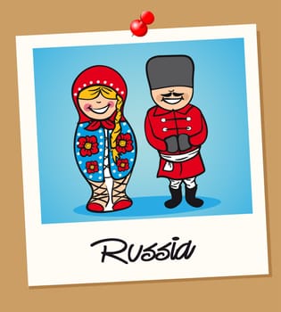 Russian man and woman cartoon couple in vintage instant photo frame. Vector illustration layered for easy editing.
