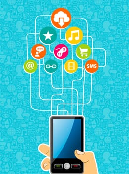 Cloud computing network diagram with smart phone in hand. Vector illustration layered for easy manipulation and custom coloring.