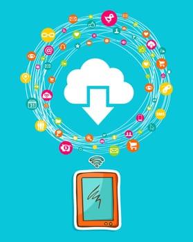 Cloud computing network diagram with hand drawn smartphone. Vector illustration layered for easy manipulation and custom coloring.