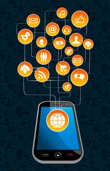 Social media network with icon set diagram and smartphone. Vector illustration layered for easy manipulation and custom coloring.