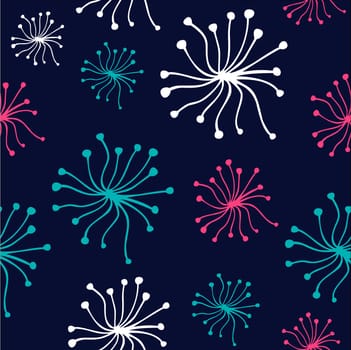 Colorful dandelions seamless pattern over blue background. Vector illustration layered for easy manipulation and custom coloring.