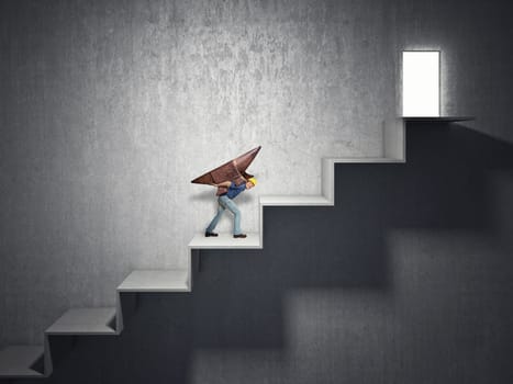 man carry anvil on 3d stair