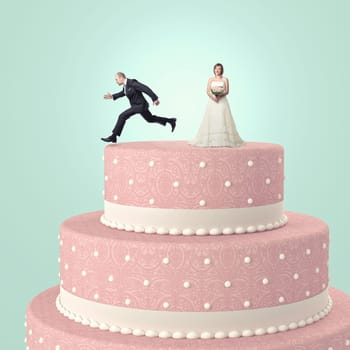 funny wedding cake with goom and bride