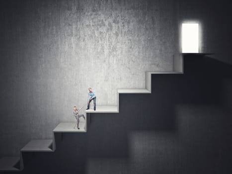 woman and man try to climb huge 3d stair