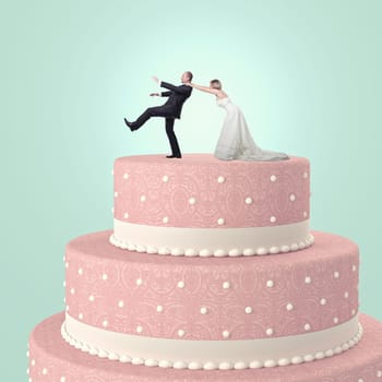 funny wedding cake with goom and bride