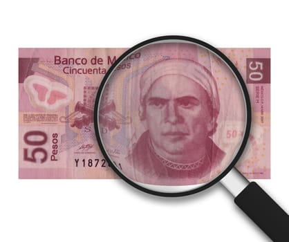 Magnifying Glass with 50 Pesos Note on white background