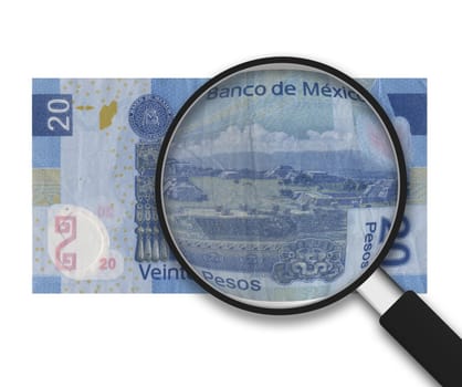 Magnifying Glass with 20 Pesos Note on white background