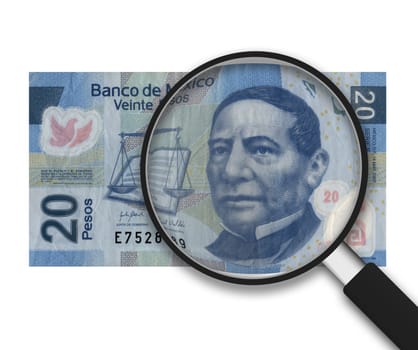 Magnifying Glass with 20 Pesos Note on white background